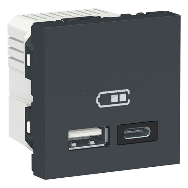 Розетка зарядна подвійна A+C USB 2.0 пост. струм 2.4 А, антрацит, Unica New, Schneider Electric